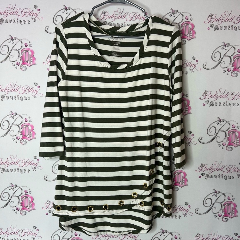 Suzanne’s top Striped Green and White Women's Top rivets metal rings